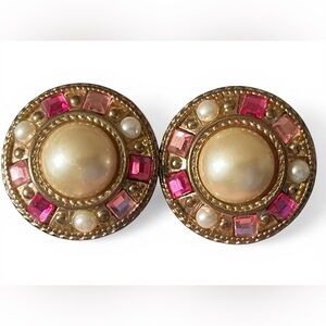 Vintage Pink and Pearl Medallion Earrings Clip On